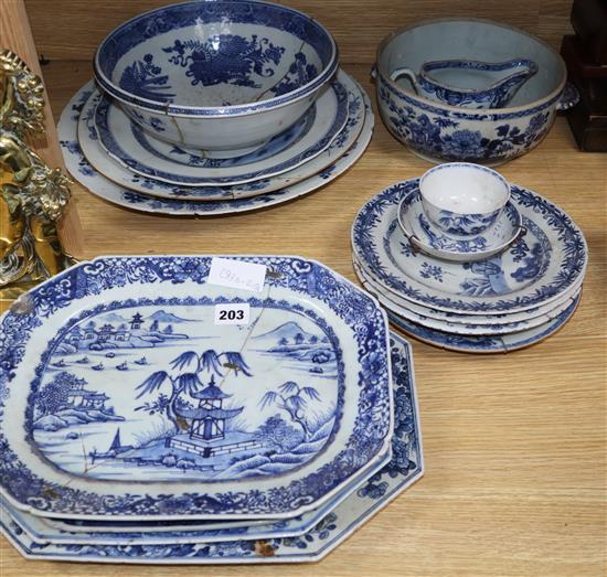 A group of 18th century Chinese export blue and white dishes, plates and a bowl